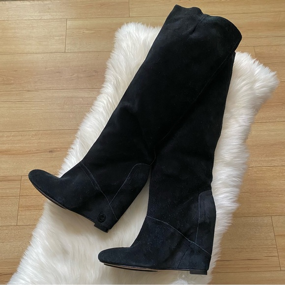 House of Harlow Black Suede Wedge Knee High Boots - Picture 3 of 13